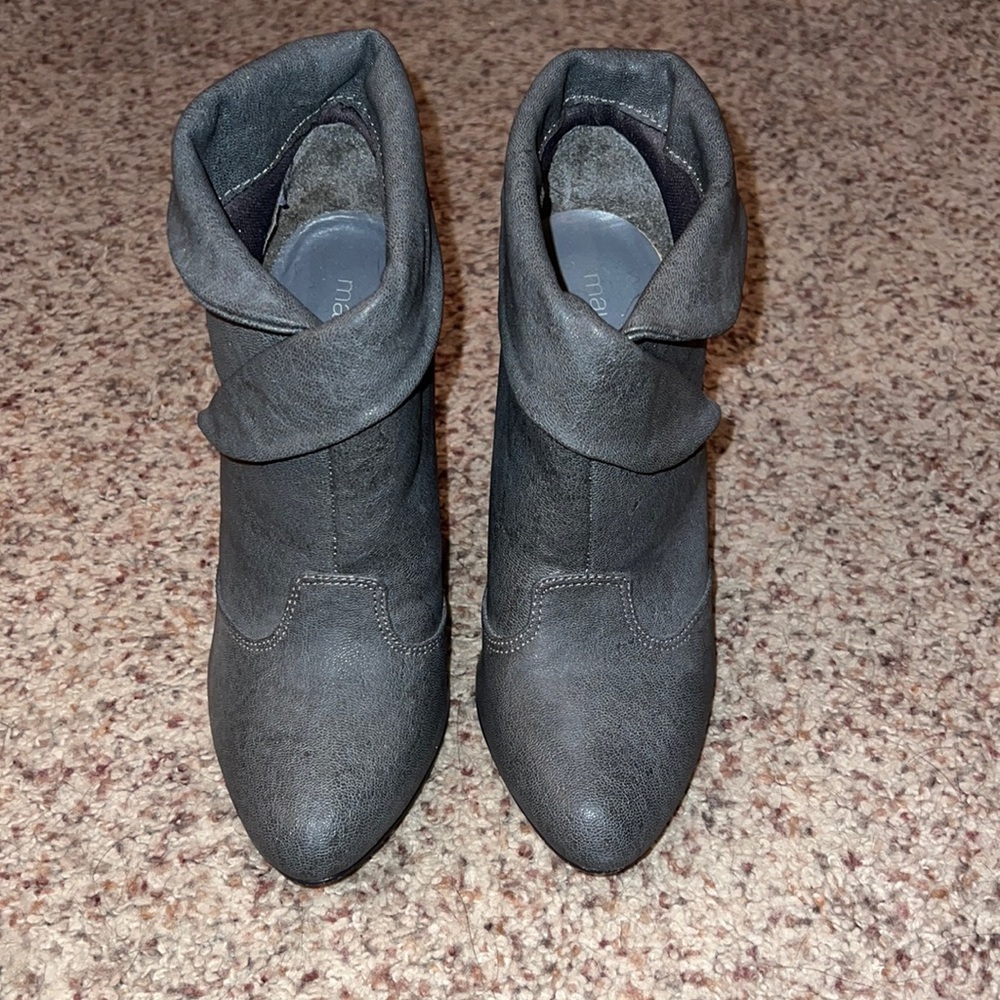 Dark grey bootie heels, size 6.5, narrow fit